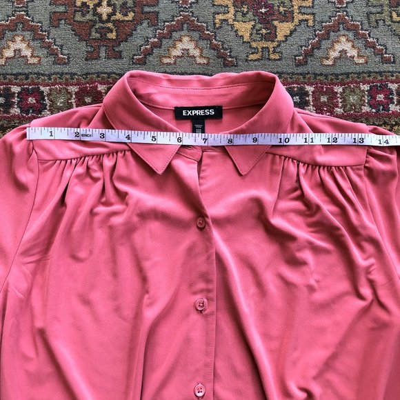 Soft & Drapey Coral Blush Button-Front Banded-Hem Collared Blouson Top XXS - Picture 12 of 15